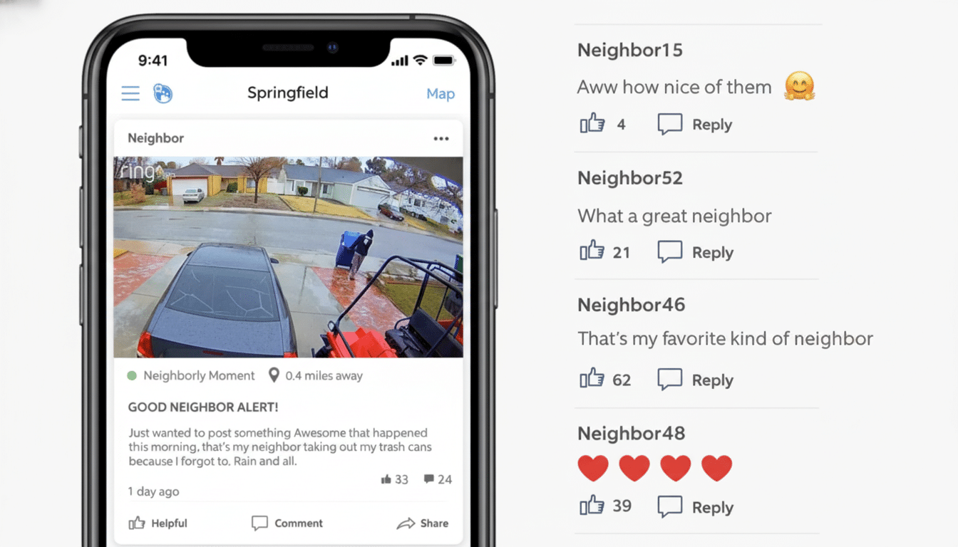 A mobile phone displaying a GOOD NEIGHBOR ALERT ! on a social app , showing a security camera view of a person taking out trash cans in a residential driveway , alongside comments like A ww how nice of them and What a great neighbor.