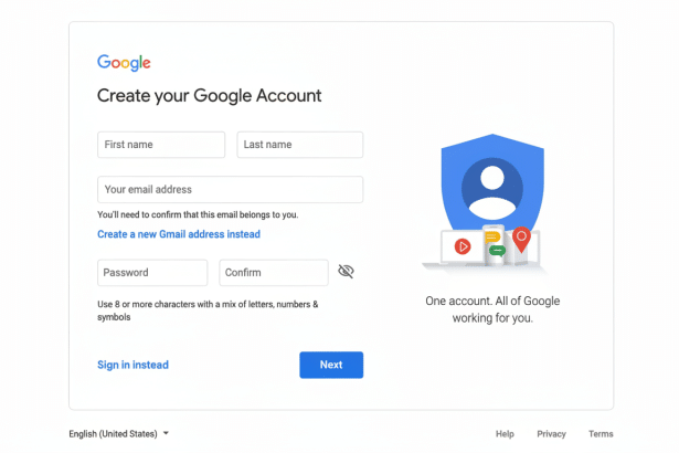 Screenshot of the Google account creation page, with fields for first name, last name , email address, password, and confirmation , alongside Google 's brand message One account. All of Google working for you.