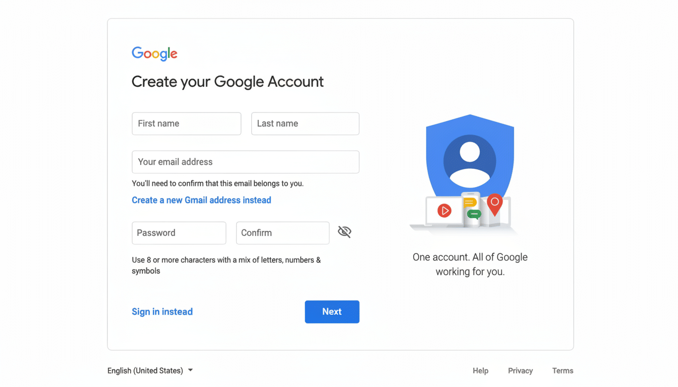 Screenshot of the Google account creation page, with fields for first name, last name , email address, password, and confirmation , alongside Google 's brand message One account. All of Google working for you.