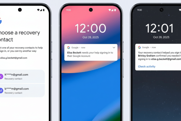 Three smartphone screens displaying Google account recovery options and notifications.