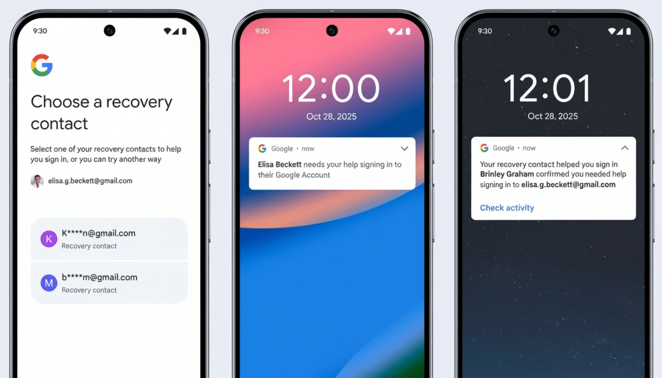 Three smartphone screens displaying Google account recovery options and notifications.