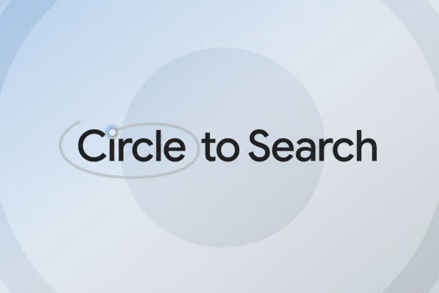 The Circle to Search logo with a thin grey circle around Circle and a small colorful orb above the ' i' in a 16:9 aspect ratio with a professional light blue and white gradient background.