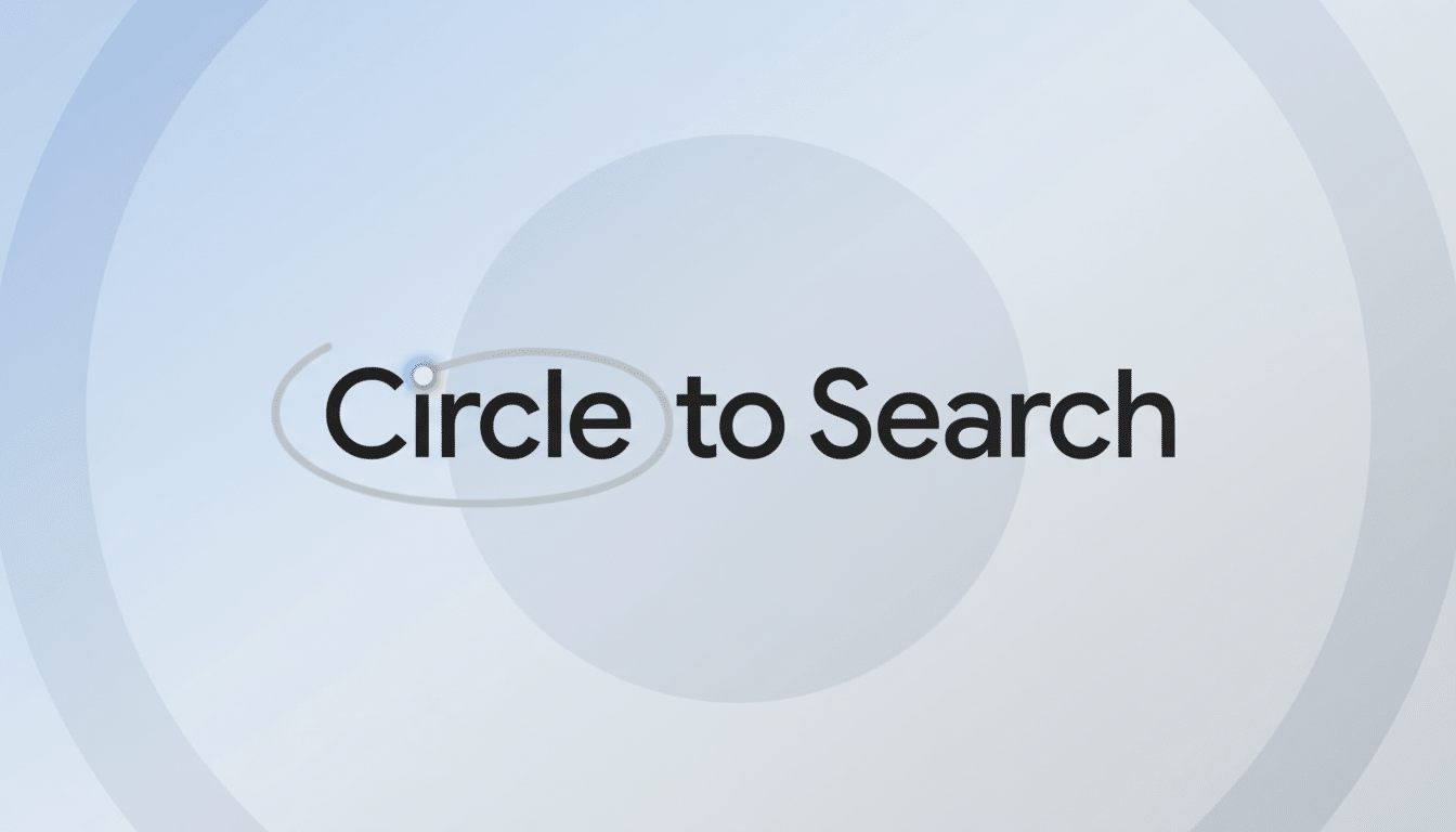 The Circle to Search logo with a thin grey circle around Circle and a small colorful orb above the ' i' in a 16:9 aspect ratio with a professional light blue and white gradient background.