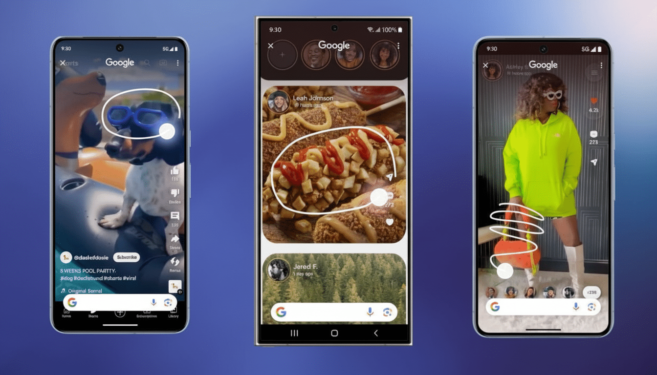 Three smartphones displaying Google Shorts, with a dog in goggles, a food dish , and a woman in a neon green hoodie. Filename : googleshorts display . png