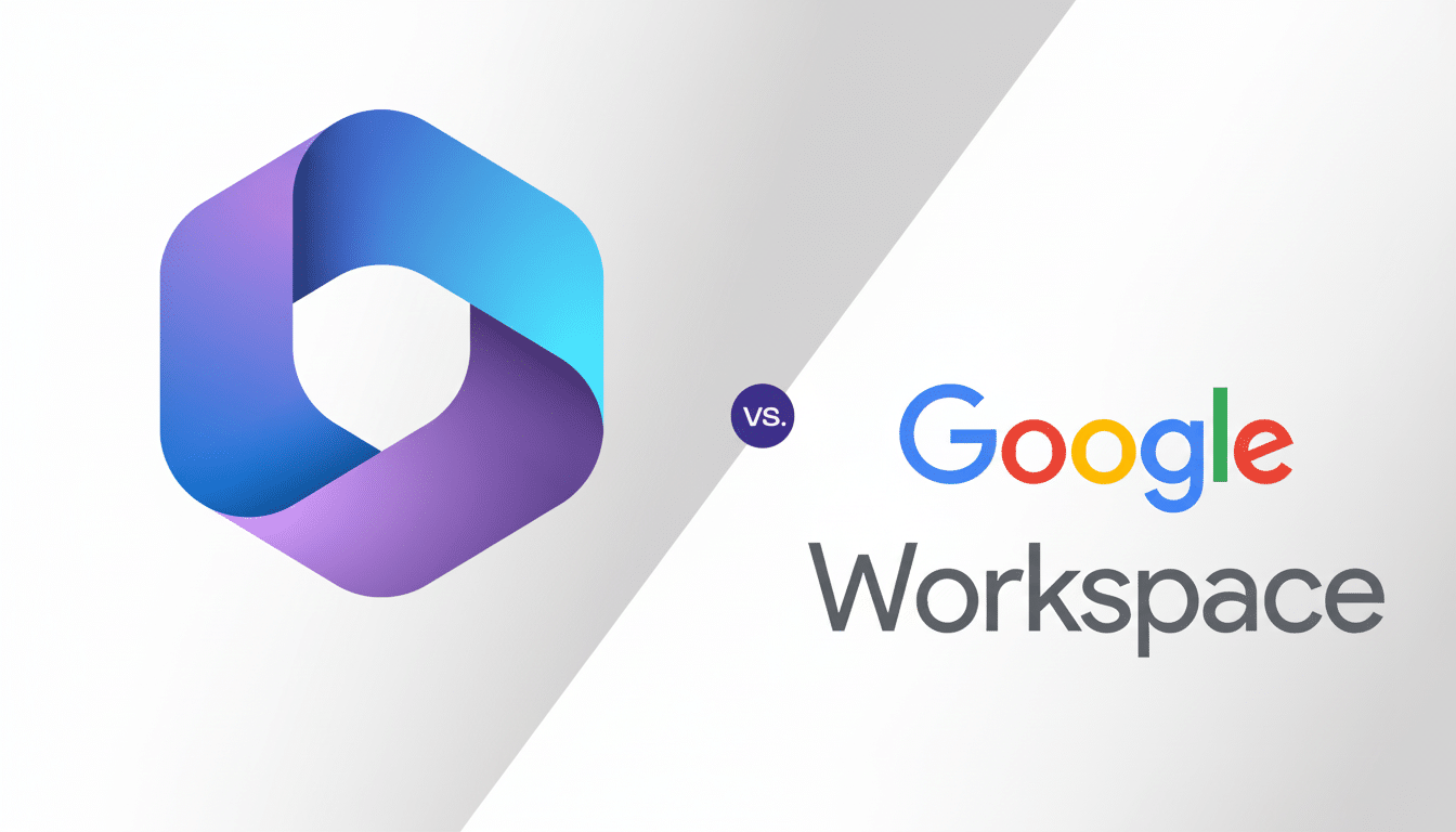 Text : Google Workspace logo vs . a hexagonal , multi-colored infinity loop icon . Filename: google