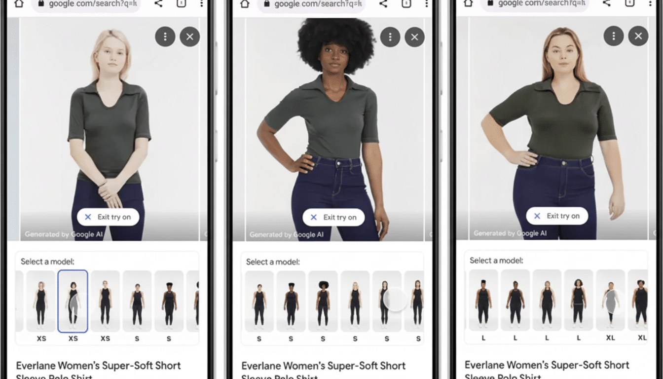A screenshot showing three mobile phone screens displaying Google 's AI model trying on clothes . Fi