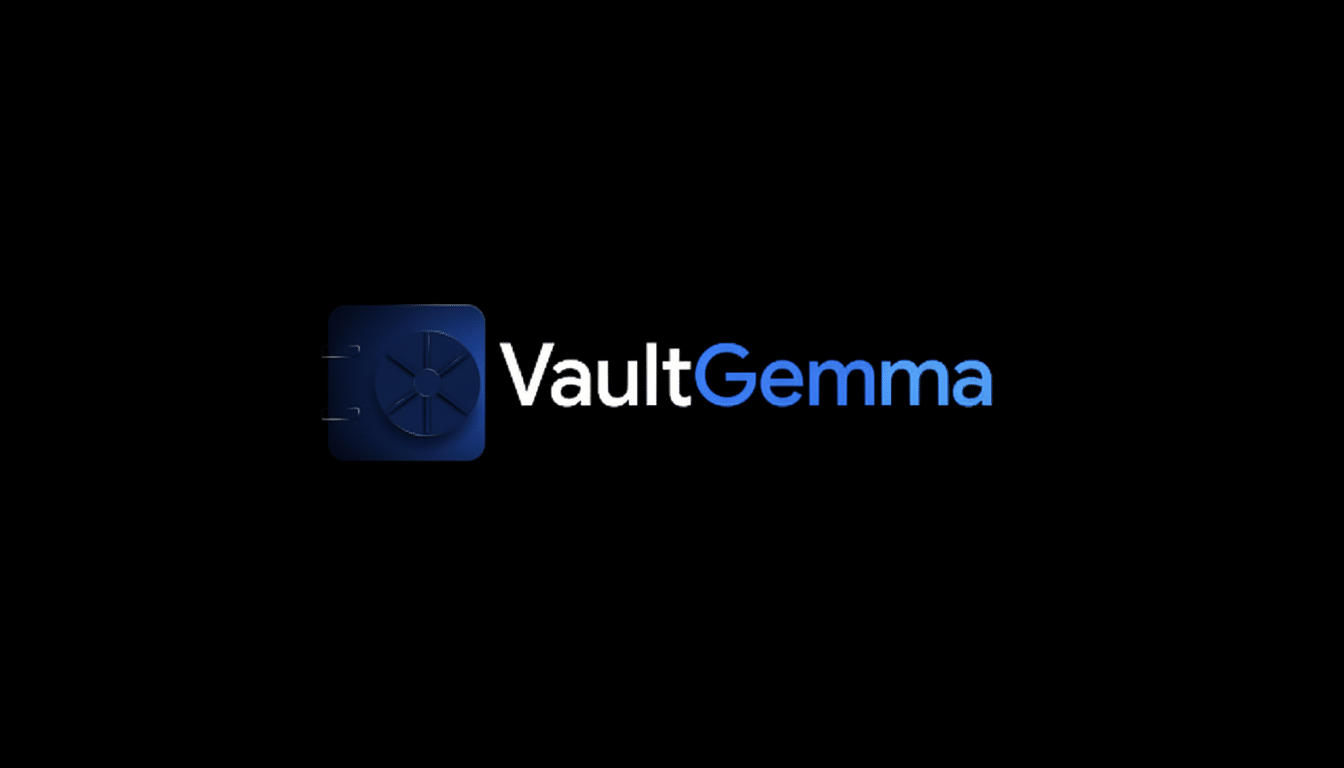 The VaultGemma logo features a stylized blue vault icon to the left of the  VaultGemma text, all set against a black background. Filename : vaultgemma logo. png