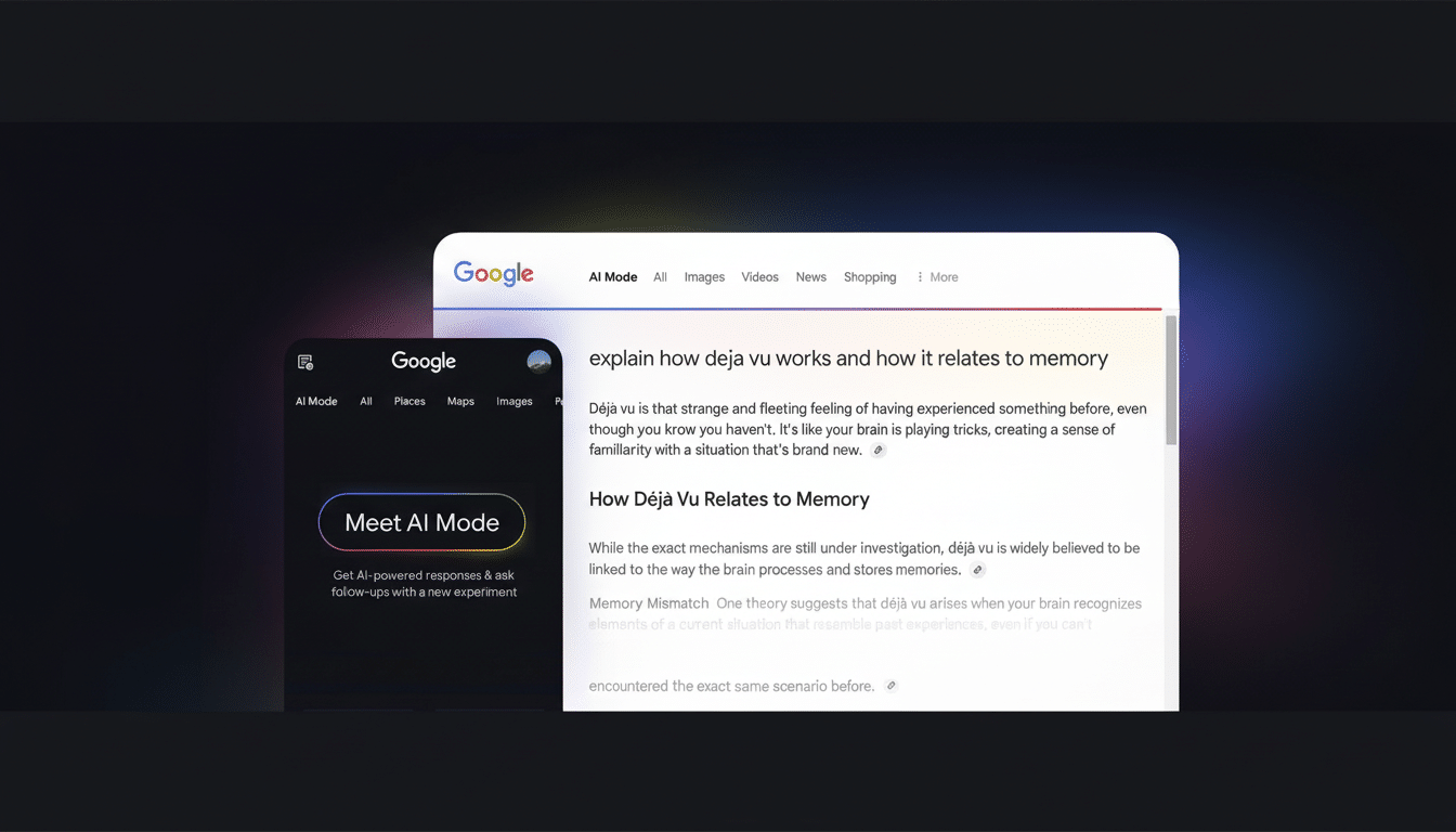 A side-by- side comparison of Google s AI Mode interface on a smartphone and its regular search interface on a desktop, both displaying information re