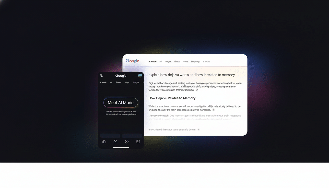 A side-by- side comparison of two Google search interfaces, one for desktop showing a search for explain how déjà vu works and how it relates to memor