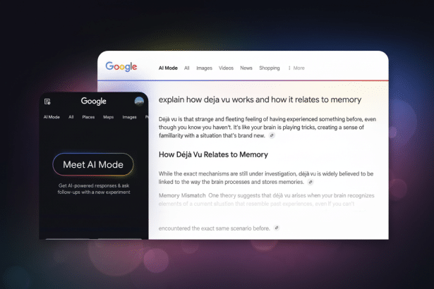 A side-by- side comparison of Google 's AI Mode interface on a mobile device and a desktop , explaining How Déjà Vu Rel ates to Memory.