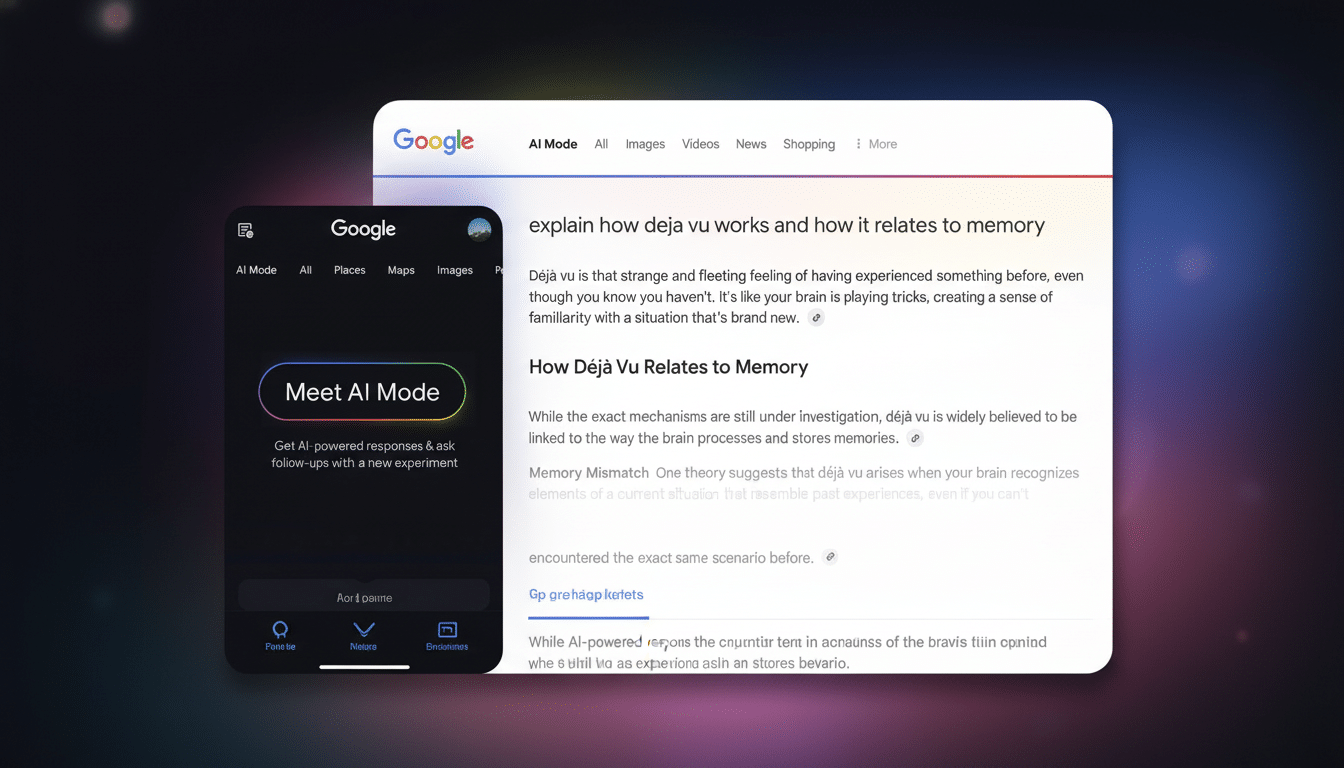A dark smartphone screen displaying Meet AI Mode and a Google search results page open to a query about déjà vu and memory.