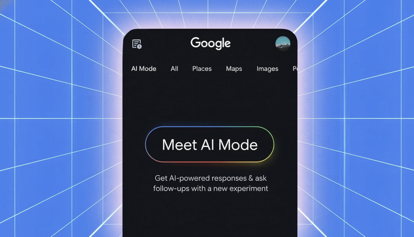 A Google search interface with Meet AI Mode displayed prominently, indicating a new experimental feature for AI-powered responses and follow- up quest