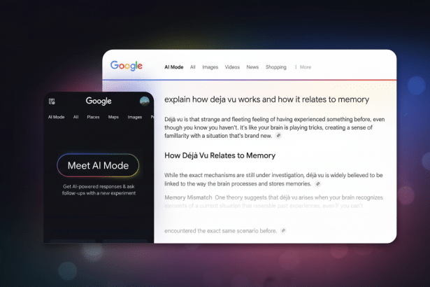 A professional depiction of the Google search interface with AI Mode enabled, showing an explanation of déjà vu and its relation to memory on a deskto