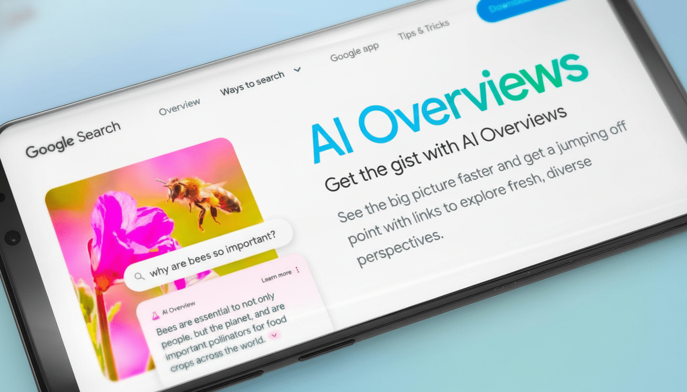 A close-up of a smartphone screen displaying the Google AI Over views interface, with a search result about the importance of bees.