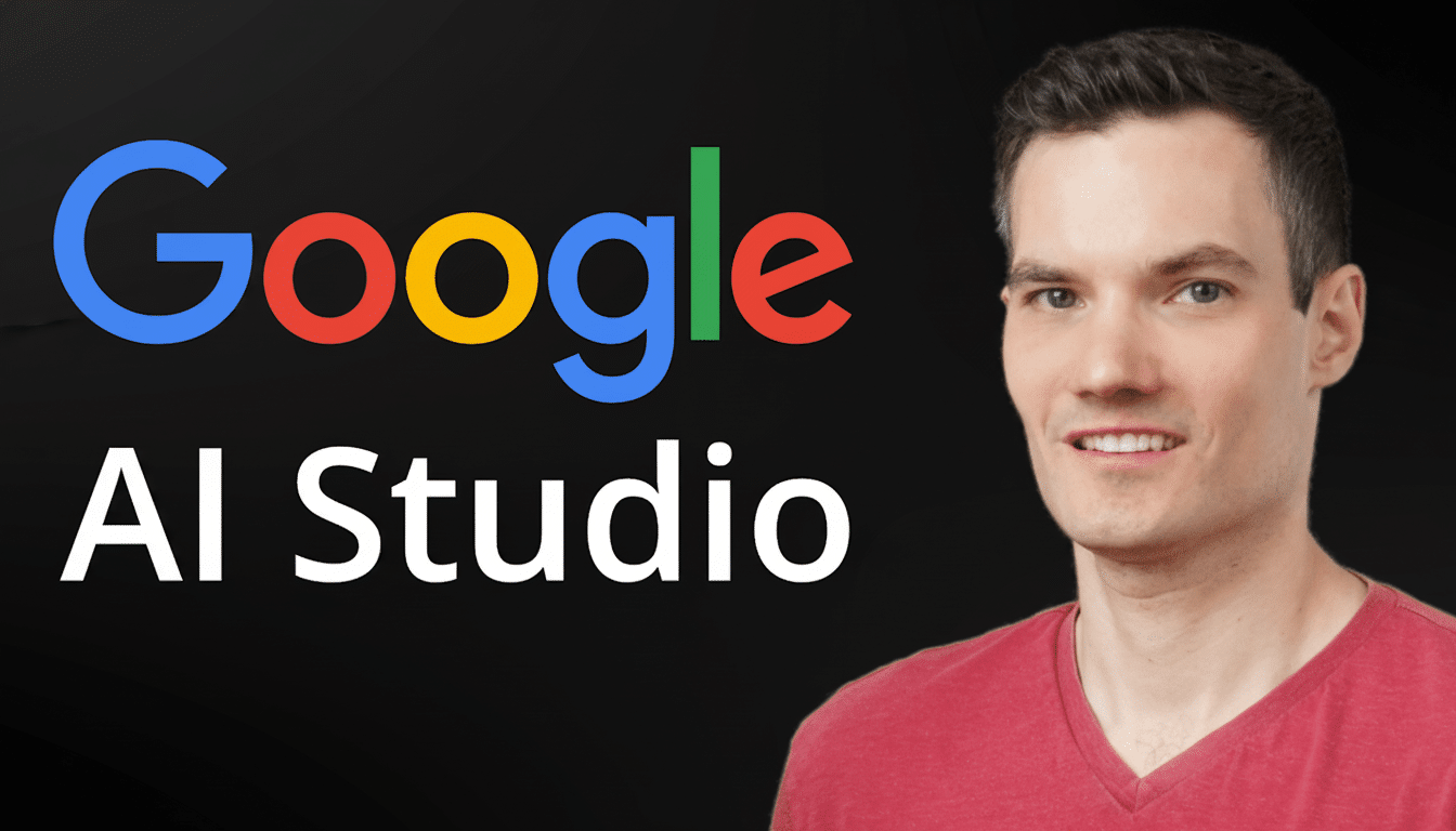 A man in a red shirt smiles next to the Google AI Studio logo on a black background.