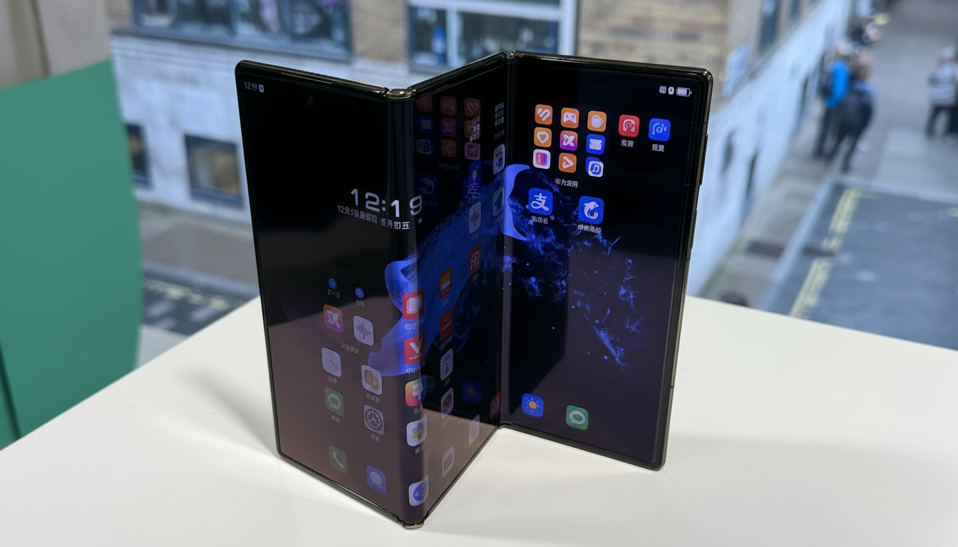 A foldable smartphone displayed on a white surface, with its screen showing app icons and a digital clock. The background features a blurred street scene.