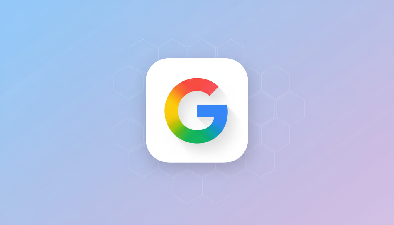 The Google G logo, featuring a rainbow-colored G on a white rounded square, is centered on a professional flat design background with soft blue and purple gradients and subtle hexagonal patterns.