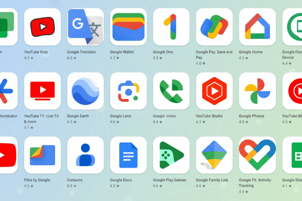 A collage of Google app icons including Google Chat, YouTube Kids, Google Translate, Google Wallet, Google One, Google Pay, Google Home, Google Find M
