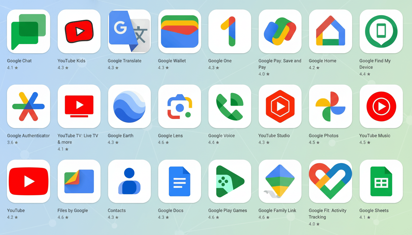 A collage of Google app icons including Google Chat, YouTube Kids, Google Translate, Google Wallet, Google One, Google Pay, Google Home, Google Find M