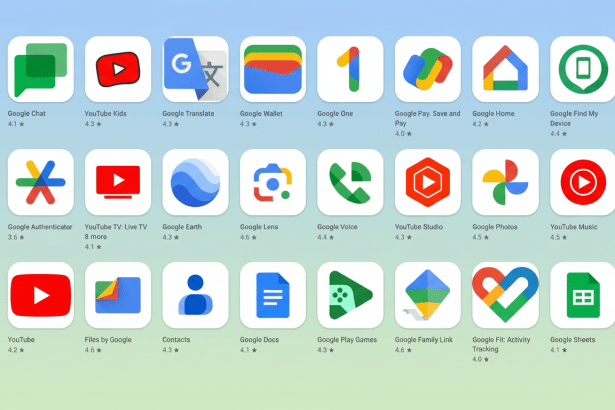 A 16:9 aspect ratio image featuring a grid of Google app icons against a professional flat design background with a soft blue and green gradient.