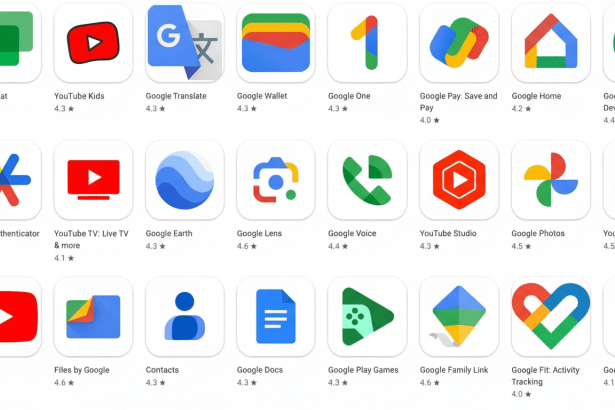 A 16: 9 aspect ratio image of various Google app icons displayed in a grid, including Google Chat, YouTube Kids, Google Translate, Google Wallet, and