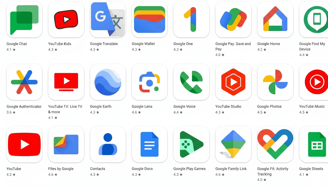 A 16: 9 aspect ratio image of various Google app icons displayed in a grid, including Google Chat, YouTube Kids, Google Translate, Google Wallet, and