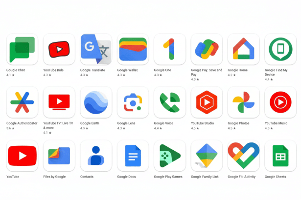 A grid of 24 Google app icons on a white background, including Google Chat, YouTube Kids, Google Translate, Google Wallet, Google One, Google Pay, Goo