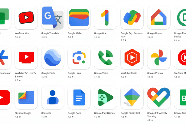 A 16: 9 aspect ratio image featuring a grid of Google app icons on a white background, including Google Chat, YouTube Kids, Google Translate, Google W