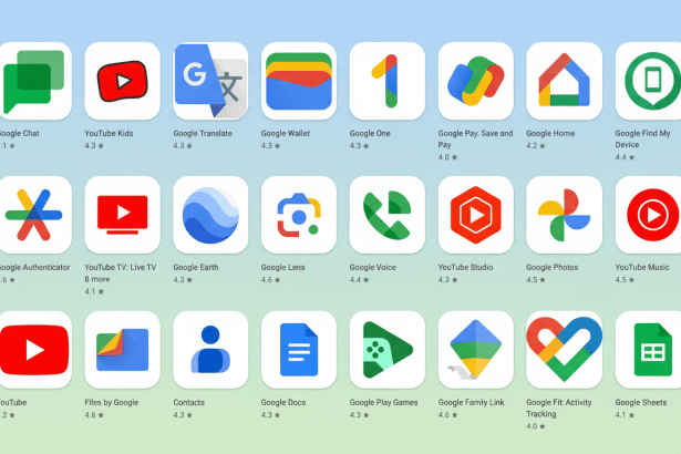 A professional , enhanced grid display of various Google application icons, including Google Chat, YouTube Kids, Google Translate , and Google Wallet, set against a soft blue gradient background.