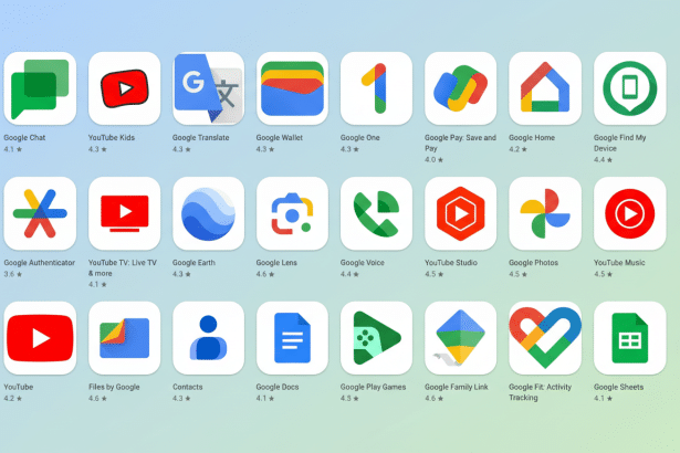 A 16:9 aspect ratio image of Google app icons and their names on a clean , professional flat design background with a soft blue to green gradient.