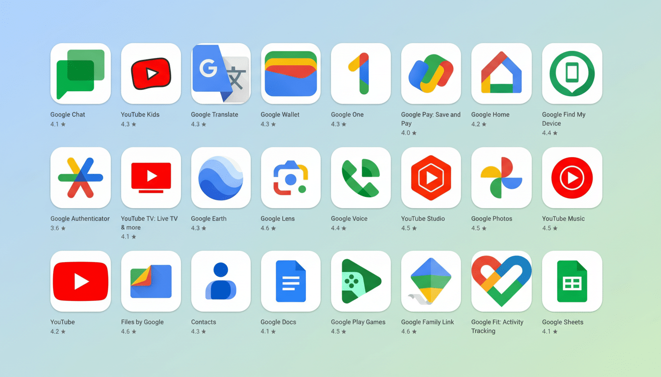 A 16:9 aspect ratio image of Google app icons and their names on a clean , professional flat design background with a soft blue to green gradient.