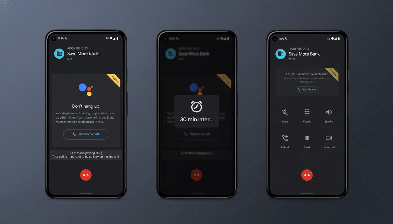A professional presentation of three smartphone screens displaying Google Assistant call hold features. The background is a clean, flat design with a subtle gradient. Filename : googleassistant callhold features .png