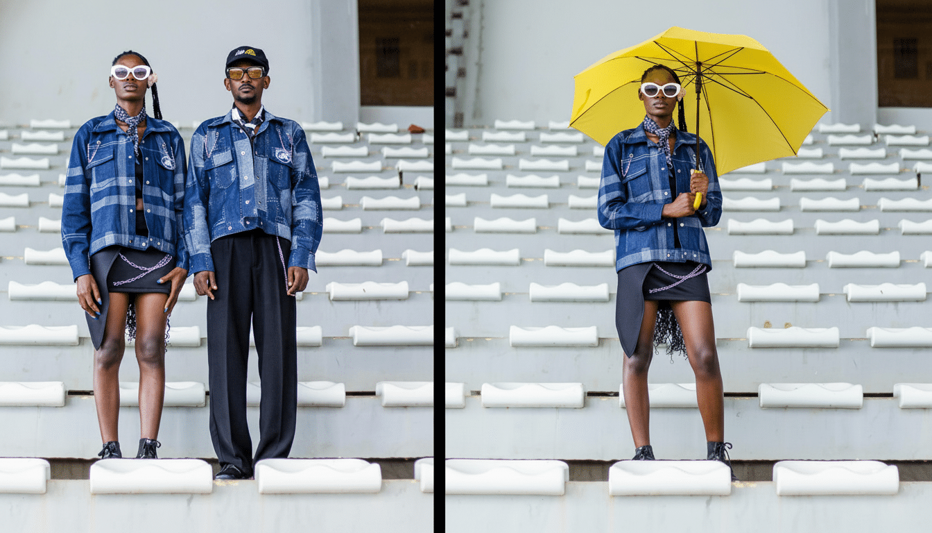 A 16:9 aspect ratio image featuring two humans in denim jackets, with one on the right holding a yellow umbrella, standing on stadium seating .