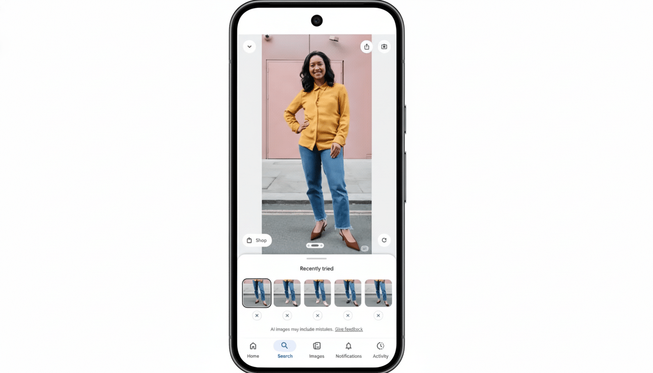 A smartphone displaying an image of a woman in a yellow shirt and blue jeans, with a carousel of similar outfits at the bottom. The image is presented on a white background.