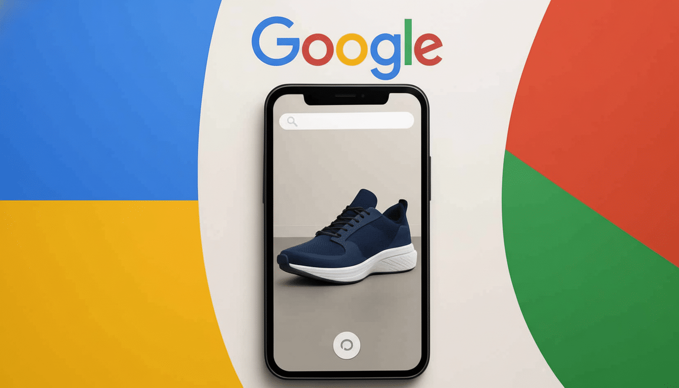 A dark blue sneaker displayed on a smartphone screen , with the Google logo above it , all set against a background of blue , yellow, red , and green shapes .