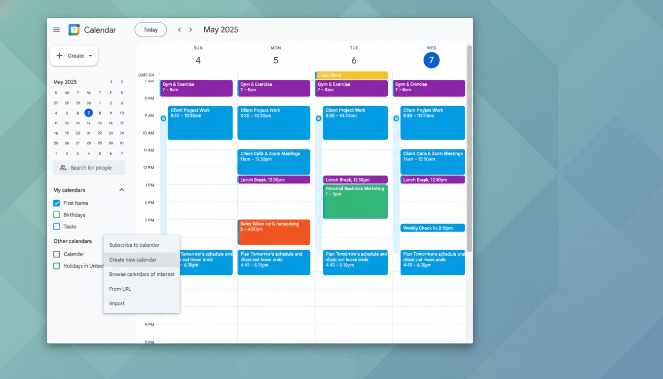 Screenshot of Google Calendar with a menu open showing options to subscribe to, create, browse, import , or add from URL other calendars. Filename : googlecalendar create new calendar.png