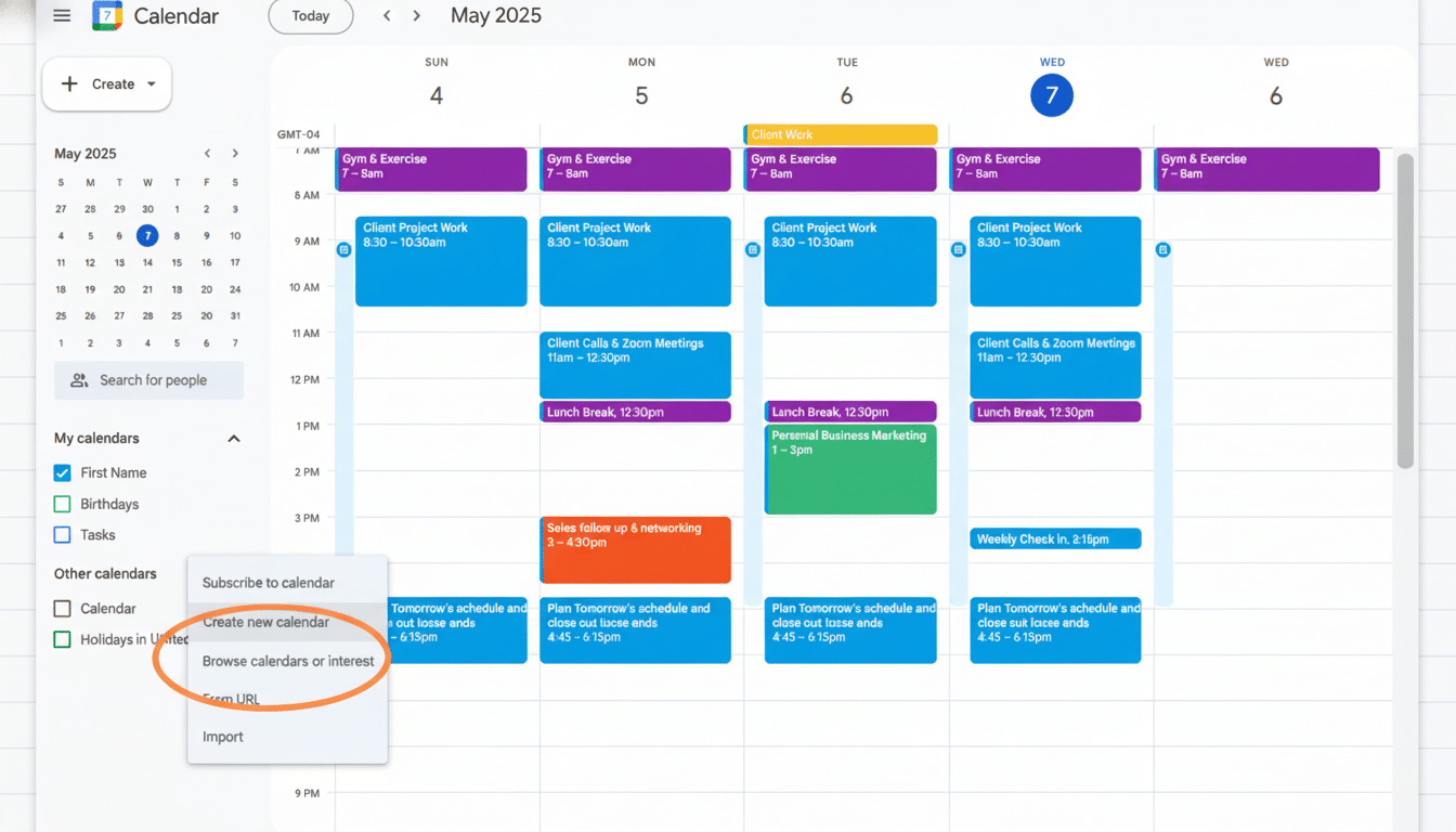 Screenshot of Google Calendar with a menu open showing options like Create new calendar and Browse calendars or interest.