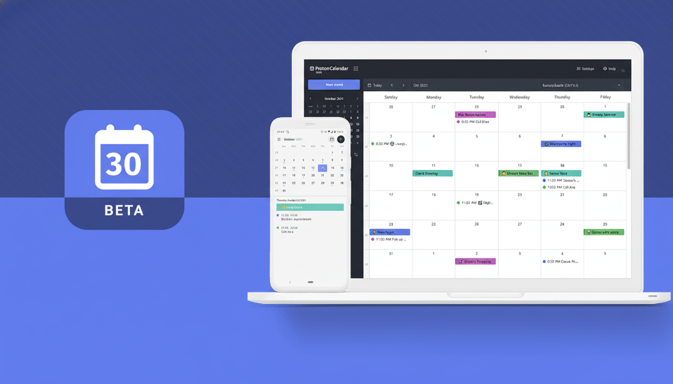 A laptop displaying a calendar application and a smartphone showing a mobile version of the calendar, with a large calendar icon labeled 30 BETA in the foreground.