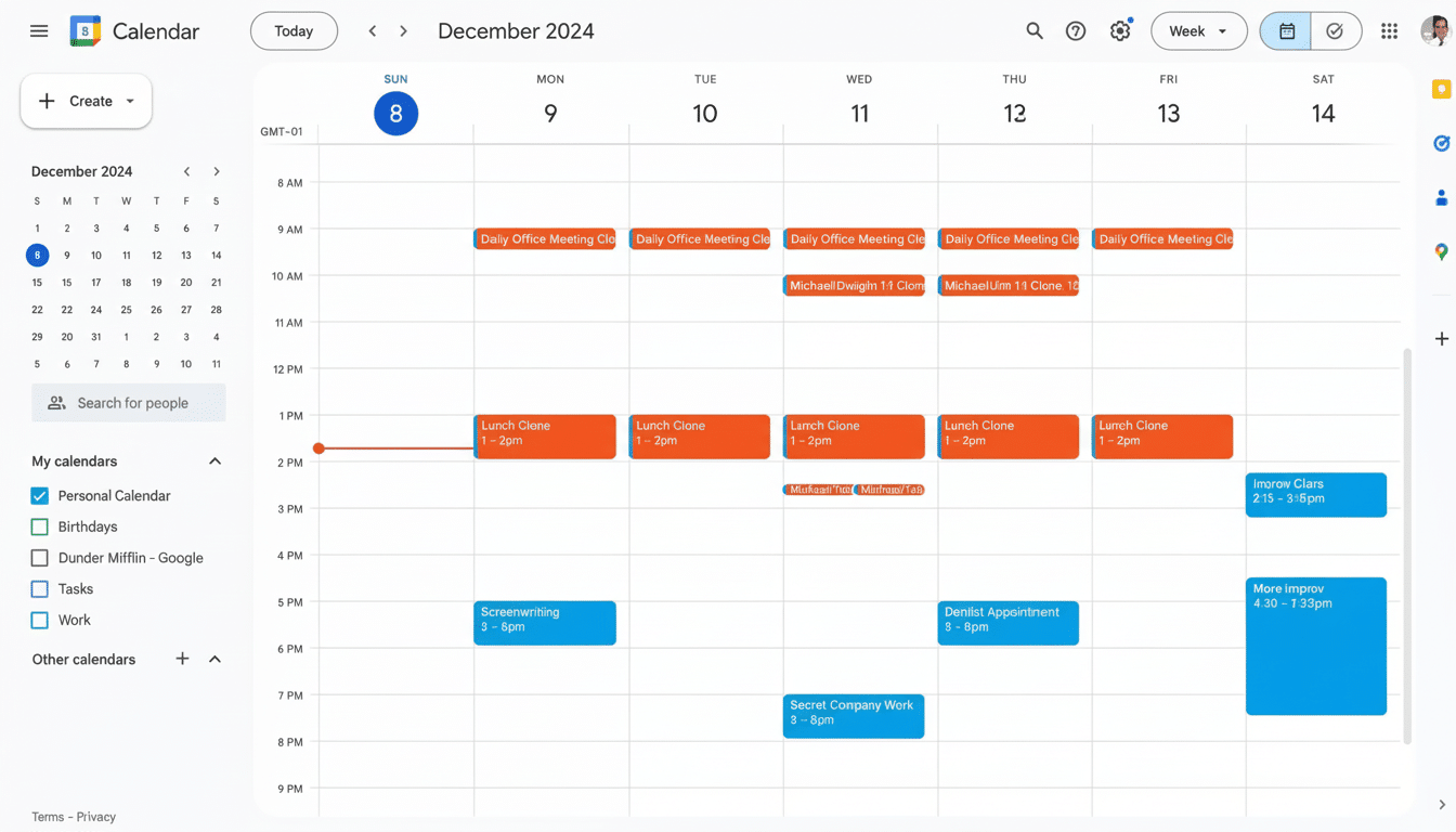 A screenshot of Google Calendar showing a week' s schedule in December 2 024 with various meetings and appointments .