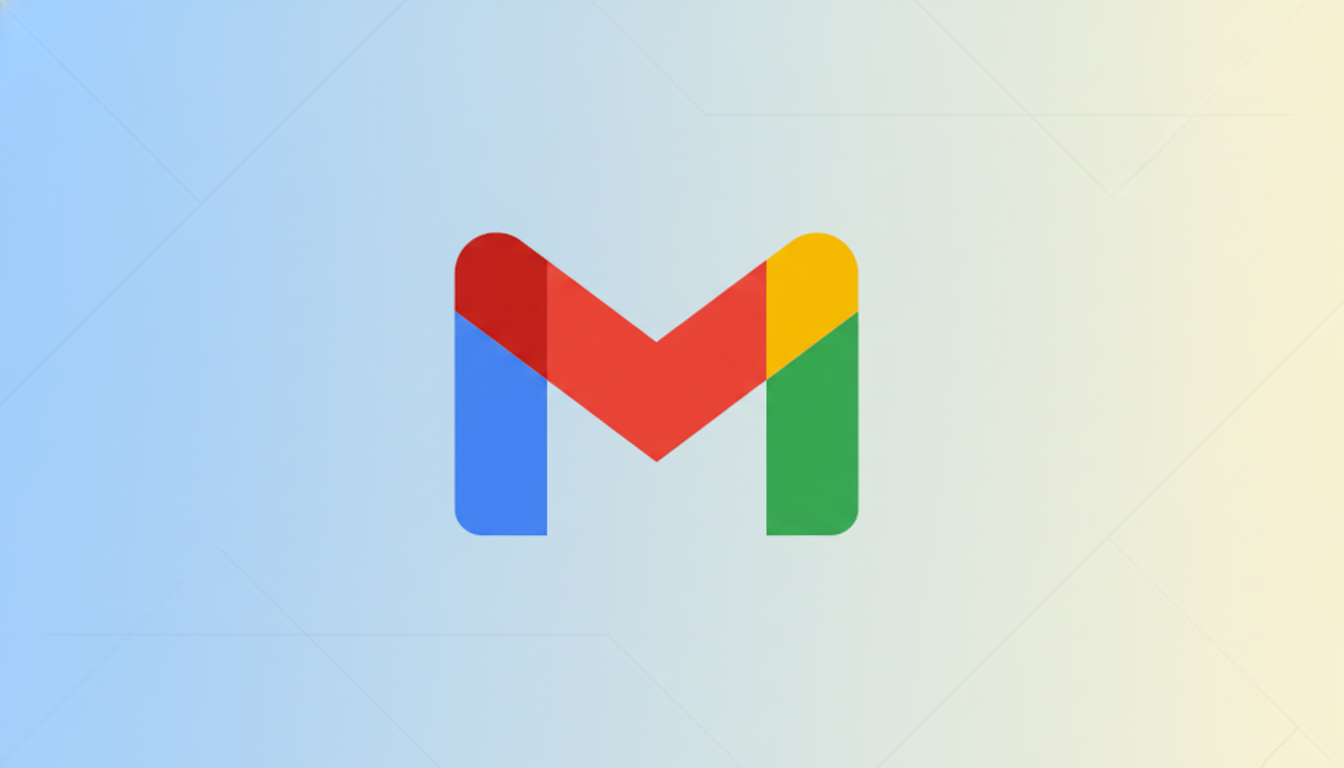 The Gmail logo, a stylized M formed by red, blue, green, and yellow shapes, centered on a professional flat design background with a soft blue and yellow gradient and subtle geometric patterns.
