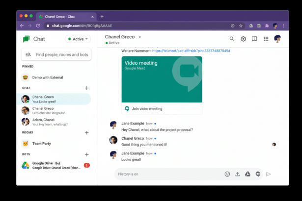 Screenshot of a Google Chat interface with a video meeting invitation, resized to a 16: 9 aspect ratio.