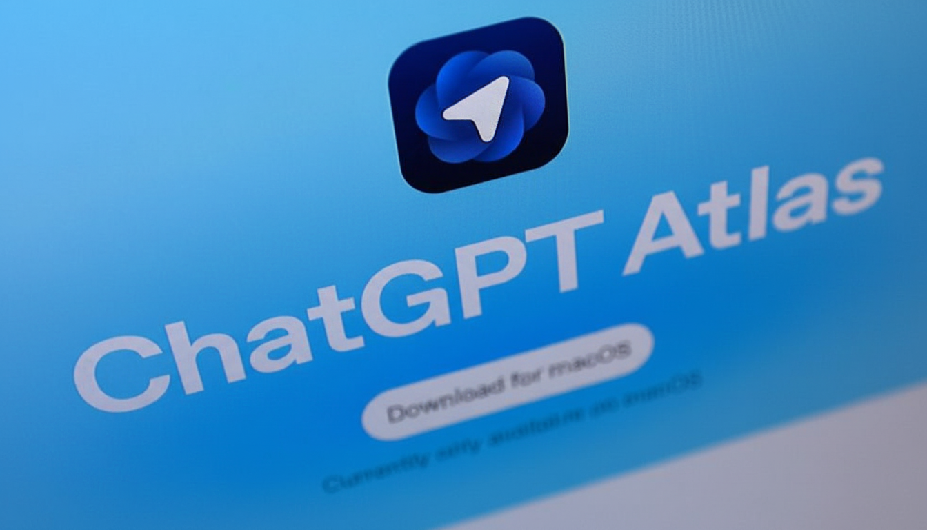 A close-up of a screen displaying ChatGPT Atlas with a download button for macOS and an app icon featuring a white paper airplane on a blue swirling background.