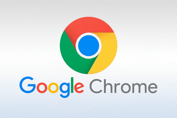 The Google Chrome logo and word mark on a subtle , professional grey background with faint geometric patterns, resized to a 1 6:9 aspect ratio. Filename : googlechrome logoprofessional 16 9.png