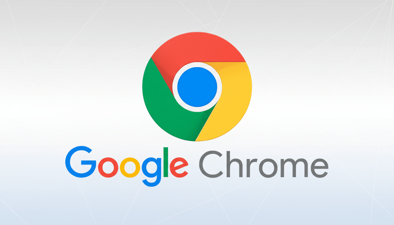 The Google Chrome logo and word mark on a subtle , professional grey background with faint geometric patterns, resized to a 1 6:9 aspect ratio. Filename : googlechrome logoprofessional 16 9.png