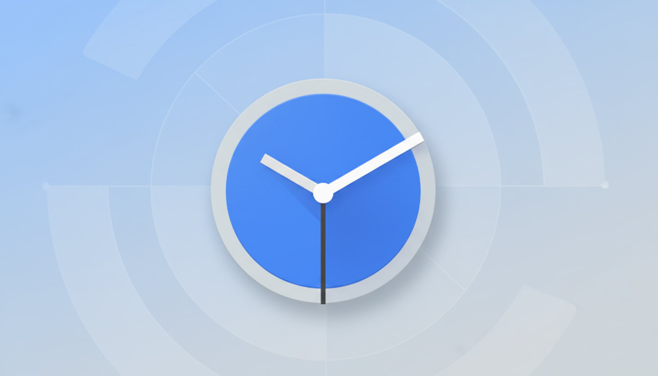 A blue and white clock icon with a minimalist design, set against a professional light blue background with subtle geometric patterns.