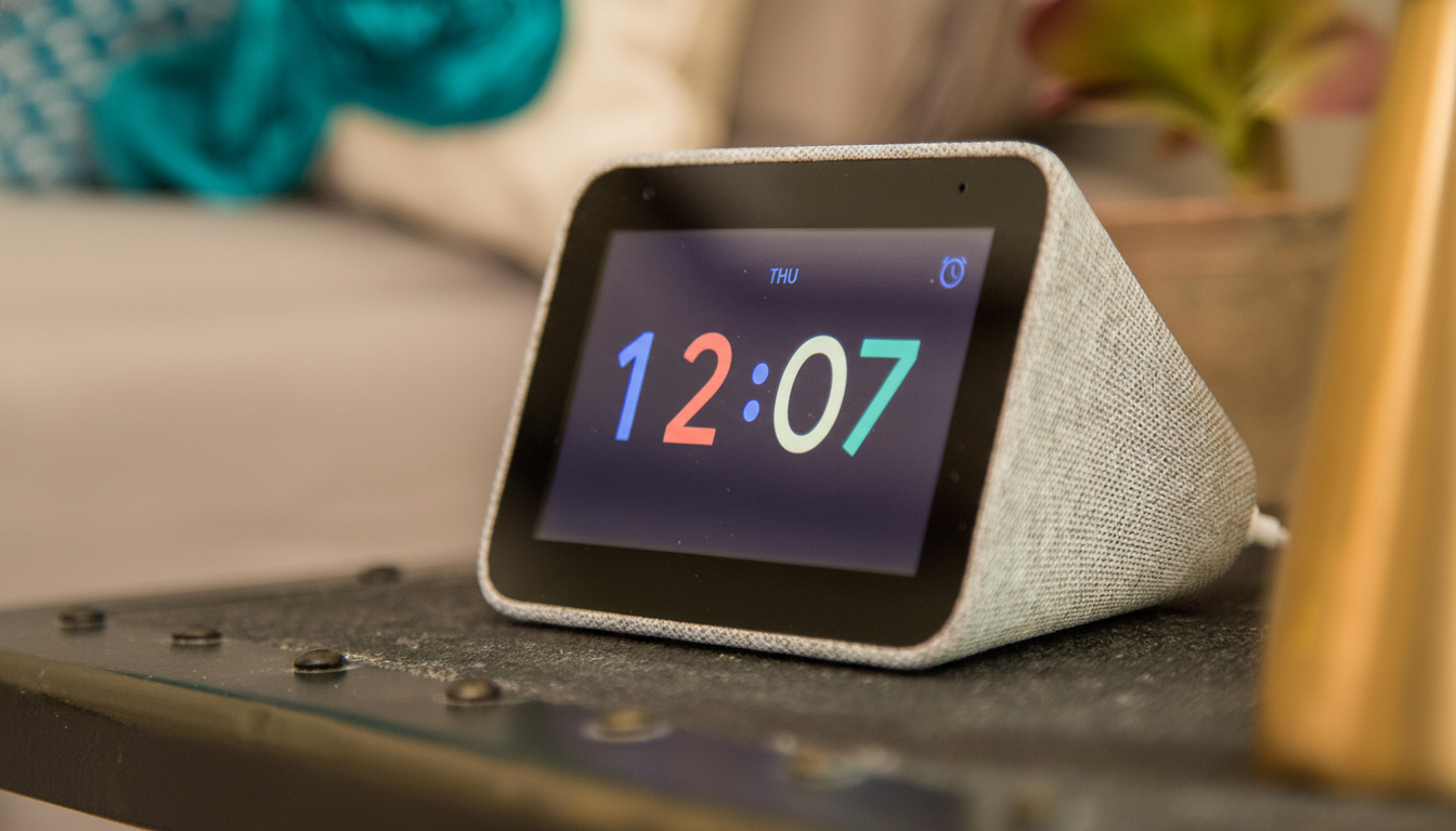 A smart alarm clock displaying the time 12:07 on a dark screen, with a light gray fabric base, sitting on a dark surface.