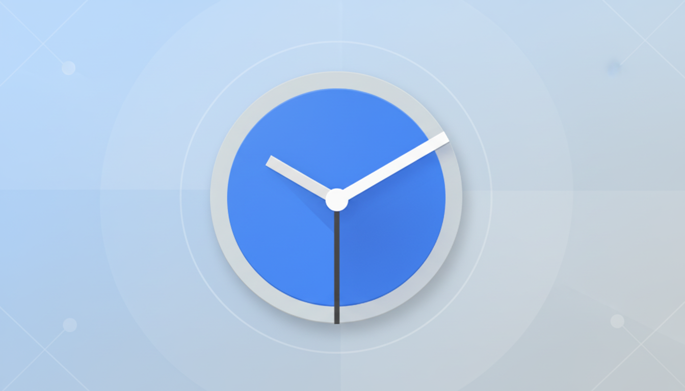 A blue and white clock icon with a professional light blue background featuring subtle geometric patterns.