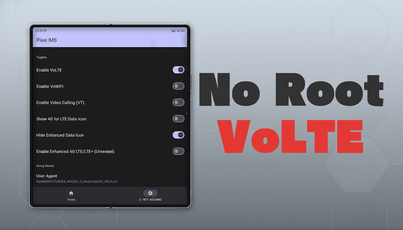 A smartphone screen showing Pixel IMS settings with togg les for VoLTE , VoWiFi, and other network features, next to the text No Root VoLTE .