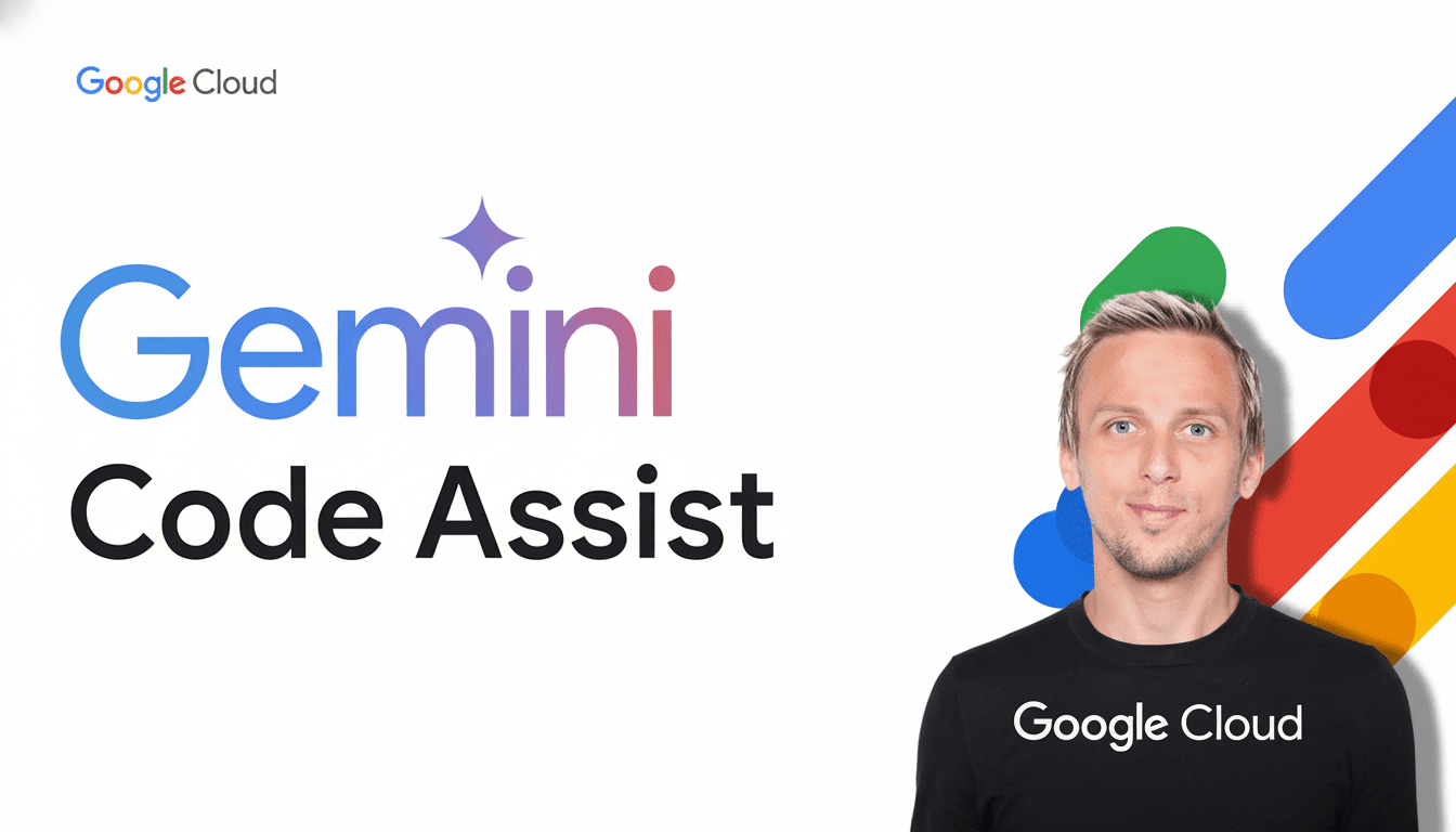 A man with fair skin and short blonde hair, wearing a black t-shirt with Google Cloud  written on it, stands smiling on the right side of the image. To his left, the words Gemini Code Assist are displayed in large , stylized font . The Google Cloud logo is in the top left corner , and colorful abstract shapes are on the right side. The background is white.