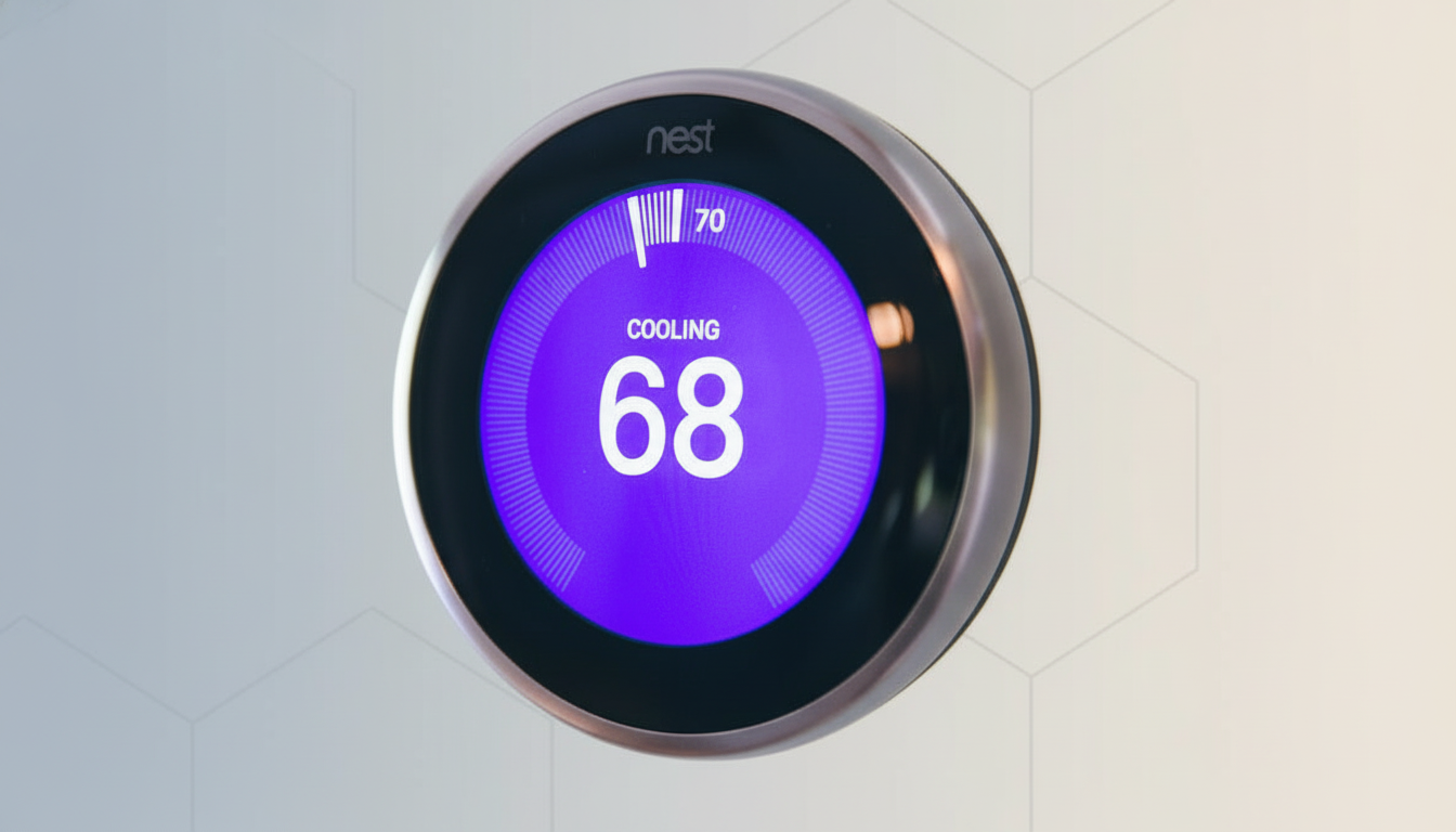 A Nest thermostat displaying COOLING 68 on a purple screen, set against a professional flat design background with soft geometric patterns.